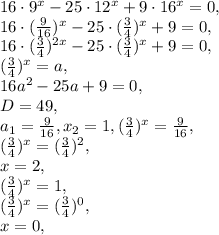 16\cdot9^x-25\cdot12^x+9\cdot16^x=0, \\ 16\cdot(\frac{9}{16})^x-25\cdot(\frac{3}{4})^x+9=0, \\ 16\cdot(\frac{3}{4})^{2x}-25\cdot(\frac{3}{4})^x+9=0, \\ (\frac{3}{4})^x=a, \\ 16a^2-25a+9=0, \\ D=49, \\ a_1=\frac{9}{16}, x_2=1, (\frac{3}{4})^x=\frac{9}{16}, \\ (\frac{3}{4})^x=(\frac{3}{4})^2, \\ x=2, \\ (\frac{3}{4})^x=1, \\ (\frac{3}{4})^x=(\frac{3}{4})^0, \\ x=0, \\ 