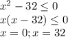 x^{2} -32 \leq 0 \\ &#10;x(x-32) \leq 0 \\ &#10;x=0; x=32 \\