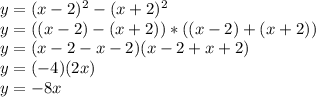  y=(x-2)^2-(x+2)^2\\ y=((x-2)-(x+2))*((x-2)+(x+2))\\y=(x-2-x-2)(x-2+x+2)\\y=(-4)(2x)\\y=-8x