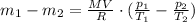 m_{1}-m_{2}=\frac{MV}{R}\cdot(\frac{p_{1}}{T_{1}}-\frac{p_{2}}{T_{2}})