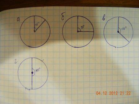 Начертите окружность и постройте два ее радиуса так, чтобы угол между ними был равен: a) 45 градусов