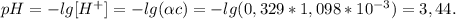 pH = -lg[H^{+}] = -lg( \alpha c) = -lg(0,329*1,098*10^{-3}) = 3,44.