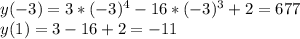 y(-3)=3*(-3)^4-16*(-3)^3+2=677 \\ y(1)=3-16+2=-11