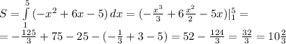 S= \int\limits^5_1 {(- x^{2} +6x-5)} \, dx =(- \frac{ x^{3} }{3} +6 \frac{ x^{2} }{2}-5x)| _{1} ^{5} } = \\ =- \frac{125}{3} +75-25-(- \frac{1}{3} +3-5)=52- \frac{124}{3} = \frac{32}{3} =10 \frac{2}{3}