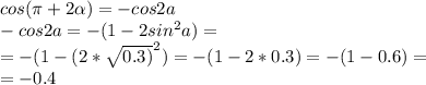 cos( \pi +2 \alpha )=-cos2a \\ -cos2a=-(1-2sin^{2} a)= \\ =-(1- (2*\sqrt{0.3)}^{2} )=-(1-2*0.3) =-(1-0.6)= \\ =-0.4