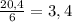 \frac{20,4}{6}=3,4