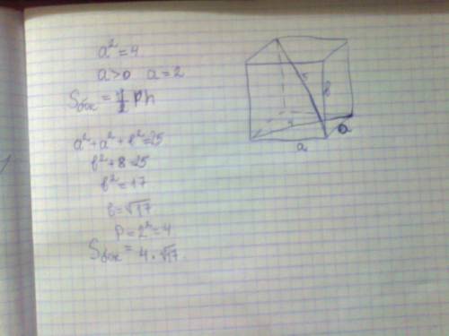 1ая : определите площадь боковой поверхности правильной четырёхугольной призмы,если её диагональ =5с