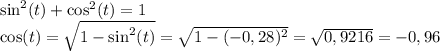 \sin^2(t)+\cos^2(t)=1\\ \cos(t)=\sqrt{1-\sin^2(t)}=\sqrt{1-(-0,28)^2}=\sqrt{0,9216}=-0,96