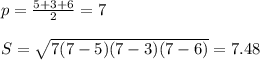 p=\frac{5+3+6}{2}=7 \\ \\S=\sqrt{7(7-5)(7-3)(7-6)}=7.48