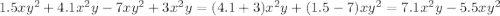 1.5xy^2+4.1x^2y-7xy^2+3x^2y=(4.1+3)x^2y+(1.5-7)xy^2=7.1x^2y-5.5xy^2