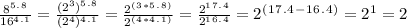 \frac{8^5^.^8}{16^4^.^1}= \frac{(2^3)^5^.^8}{(2^4)^4^.^1}= \frac{2^(^3^*^5^.^8^)}{2^(^4^*^4^.^1^)}= \frac{2^1^7^.^4}{2^1^6^.^4}=2^(^1^7^.^4^-^1^6^.^4^)=2^1=2