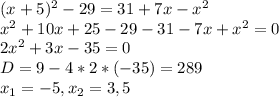 (x+5)^2 - 29=31+7x-x^2\\x^2+10x+25-29-31-7x+x^2=0\\2x^2+3x-35=0\\D=9-4*2*(-35)=289\\x_1 = -5, x_2 = 3,5