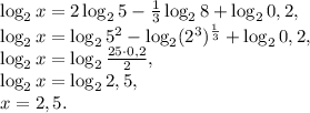 \log_2 x = 2\log_2 5 - \frac{1}{3}\log_2 8 + \log_2 0,2, \\&#10;\log_2 x = \log_2 5^2 -\log_2 (2^3)^{ \frac{1}{3}} + \log_2 0,2, \\&#10;\log_2 x = \log_2 \frac{25\cdot0,2}{2}, \\&#10;\log_2 x = \log_2 2,5, \\ &#10;x=2,5.