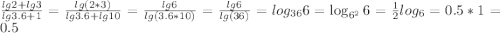 \frac{lg2+lg 3}{lg 3.6+1}=\frac{lg (2*3)}{lg 3.6+lg 10}=\frac{lg 6}{lg (3.6*10)}=\frac{lg 6}{lg (36)}=log_{36} 6=\log_{6^2} 6=\frac{1}{2} log_6 =0.5*1=0.5