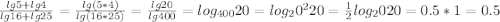 \frac{lg 5+lg 4}{lg 16+lg 25}=\frac{lg (5*4)}{lg (16*25)}=\frac{lg 20}{lg 400}=log_{400} 20=log_20^2 20=\frac{1}{2} log_20 20=0.5*1=0.5