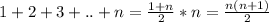 1+2+3+..+n=\frac{1+n}{2}*n=\frac{n(n+1)}{2}