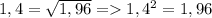 1,4=\sqrt{1,96}= 1,4^2=1,96