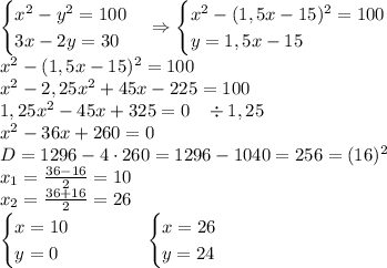 \begin{cases}x^2-y^2=100\\3x-2y=30\end{cases}\Rightarrow\begin{cases}x^2-(1,5x-15)^2=100\\y=1,5x-15\end{cases}\\&#10;x^2-(1,5x-15)^2=100\\&#10;x^2-2,25x^2+45x-225=100\\1,25x^2-45x+325=0\;\;\;\div1,25\\x^2-36x+260=0\\D=1296-4\cdot260=1296-1040=256=(16)^2\\x_1=\frac{36-16}{2}=10\\x_2=\frac{36+16}2=26\\\begin{cases}x=10\\y=0\end{cases}\quad\quad\quad\begin{cases}x=26\\y=24\end{cases}