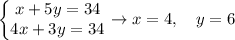 \left\{ \begin{matrix} x+5y=34\\4x+3y=34 \end{matrix}\right.\rightarrow x=4,\quad y=6