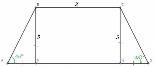 Вравнобедренной трапеции высота равна 5,меньшее основание=3,угол при большем основании 45,найти боль