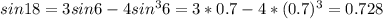 sin18 =3sin6-4sin^{3}6=3*0.7-4*(0.7)^{3}=0.728