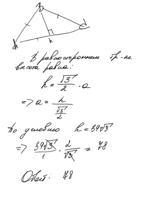 Вравностороннем треугольнике высота сн равна 39корень из 3. найдите сторону ав.