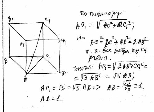 Найдите ребро куба .диагональ которого равна корень из 3