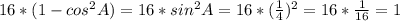 16*(1-cos^2 A)=16*sin^2 A=16*(\frac {1}{4})^2=16*\frac{1}{16}=1