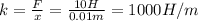 k=\frac{F}{x}=\frac{10H}{0.01m}=1000H/m