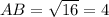 AB = \sqrt{16}=4 