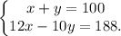 \left\{\begin{matrix} x+y=100\\12x-10y = 188. \end{matrix}\right.