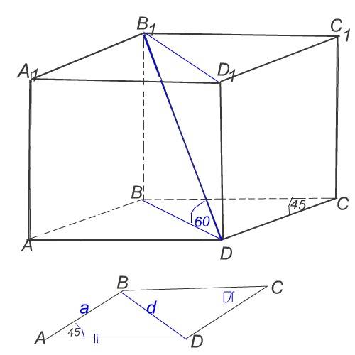 Сторони основ прямокутного паралелепіпеда = 12 см та 12√2 см і утворюють кут 45 градусів, а менша ді