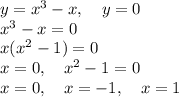 y=x^3-x,\quad y=0\\x^3-x=0\\x(x^2-1)=0\\x=0,\quad x^2-1=0\\x=0,\quad x=-1,\quad x=1