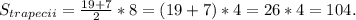 S_{trapecii}=\frac{19+7}{2}*8=(19+7)*4=26*4=104.