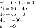 x^2+6x+a=0\\D=36+4a\\36+4a=0\\4a=-36\\a=-9