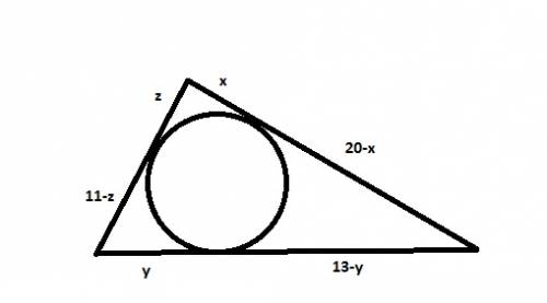 Втреугольник со сторонами 13, 11 и 20 вписана окружность. найдите длины отрезков, на которые каждая 