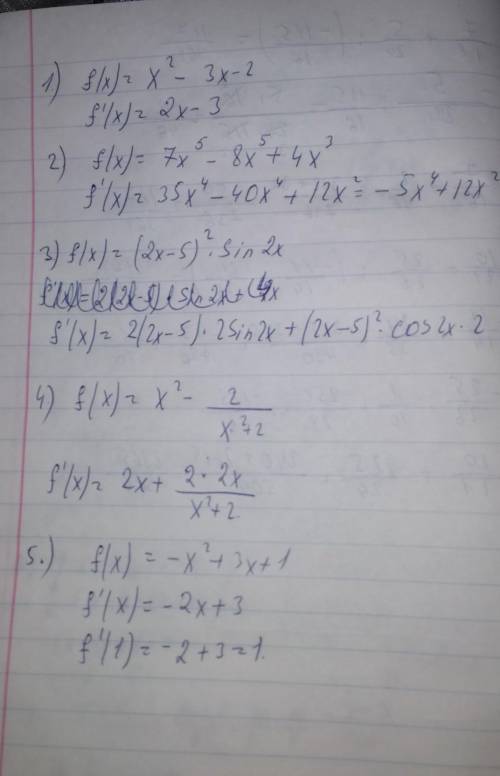 Найти f'(x)1) f(x)=x^2-3x-22) f(x)=7x^5-8x^-5+4x^33) f(x)=(2x-5)^2×sin2x4) f(x)=x^2-2/x^2+2найти f'(