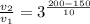 \frac{v_2}{v_1} = 3^\frac{200 - 150}{10}