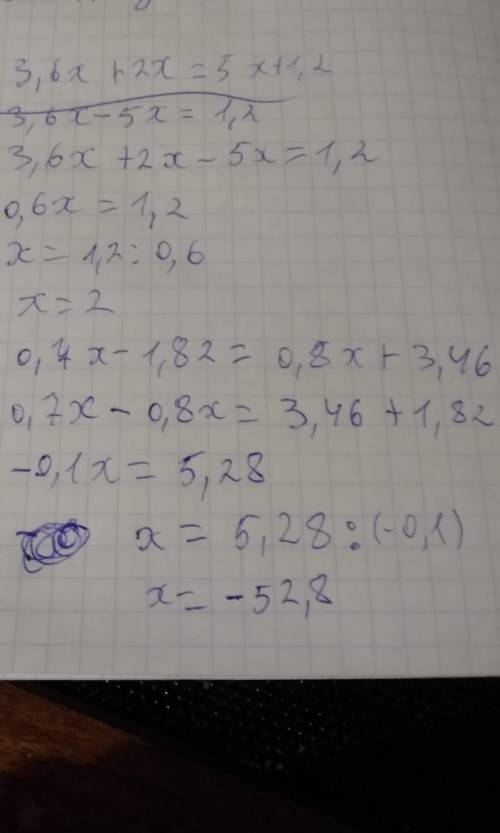 Решите уровнения, 3,6х+2х=5х+1,2 0,7х-1,82=0,8х+3,46