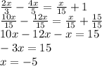 \frac{2x}{3} -\frac{4x}{5} =\frac{x}{15} +1\\ \frac{10x}{15} -\frac{12x}{15} =\frac{x}{15} +\frac{15}{15} \\ 10x-12x-x=15\\ -3x=15\\ x=-5