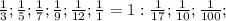 \frac{1}{3};\frac{1}{5};\frac{1}{7} ;\frac{1}{9} ;\frac{1}{12} ; \frac{1}{1}=1:\frac{1}{17 } ;\frac{1}{10};\frac{1}{100};