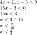 4x + 11x - 3 < 0 \\ 15x - 3 < 0 \\ 15x < 3 \\ x < 3 \div 15 \\ x < \frac{3}{15} \\ x < \frac{1}{5}