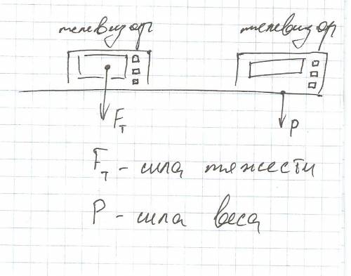 На столе стоит телевизор массой 5 кг.определите силу тяжести и вес телевизора.изобразите эти силы по