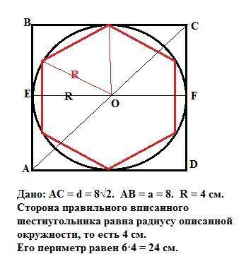 Вквадрате с диагональю 8√2 см вписана окружность в которую вписан правильный шестиугольник. найдите 