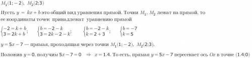 Прямая линия проходит через точки m1 (1; -2) ; m2 (2; 3), тогда она пересекает ось ox в точке