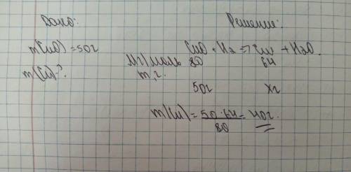 Какое количество меди получится при восстановлении ее водородом из 50 г оксида меди (ii)?