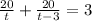 \frac{20}{t}+\frac{20}{t-3} = 3