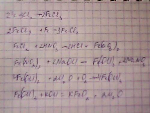 Решить цепочку: fe-fecl3-fecl2-fe(no3)2-fe(oh)2-fe(oh)3-kfeo2. тут некоторые в ионном виде.