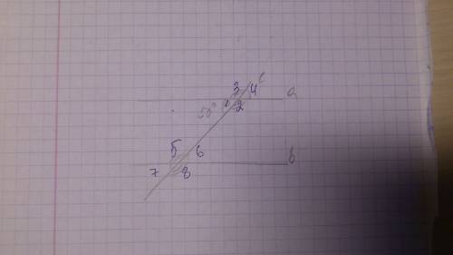 Две параллельные прямые с секущей а и б.один из углов равен 50.найдите другие углы