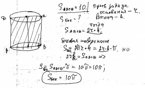 Найдите площадь боковой поверхности цилиндра, если площадь его осевого сечения равно 10.